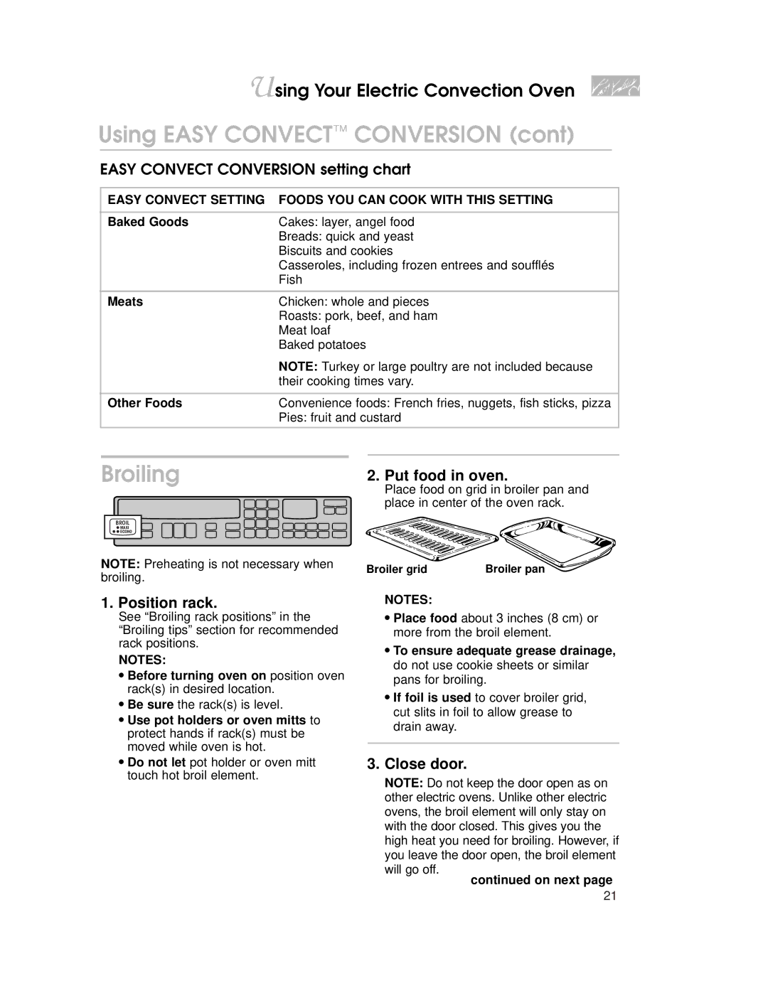 KitchenAid KEMS308, KEMS378, KEMS377, KEMS307, KEMC308 Using Easy Convect Conversion, Broiling, Position rack, Close door 