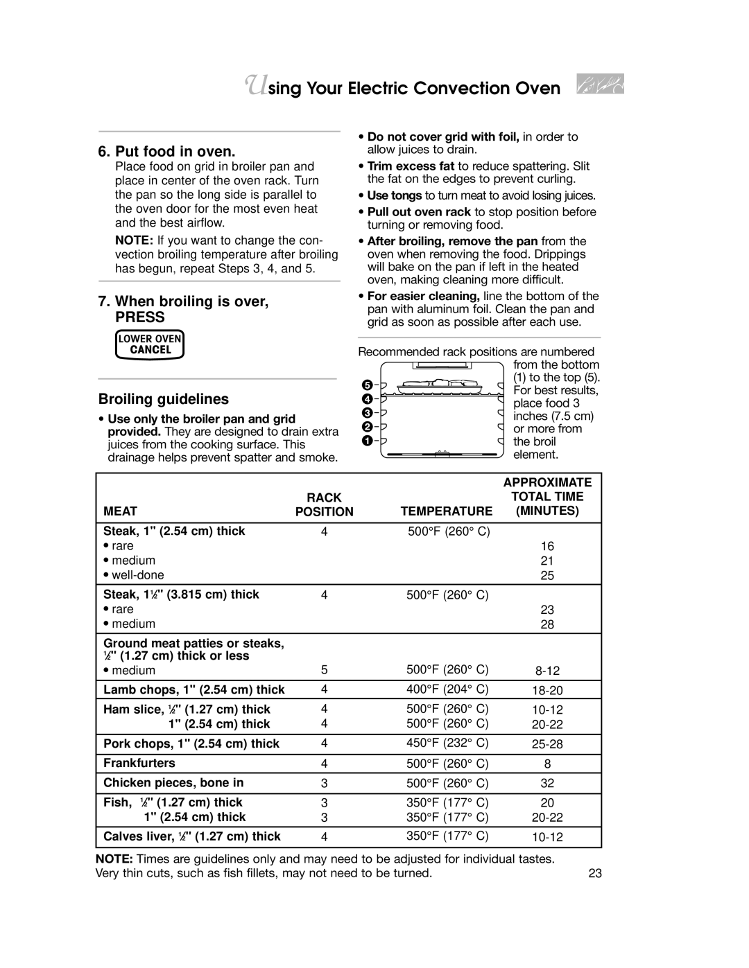 KitchenAid KEMS377, KEMS308, KEMS378, KEMS307, KEMC308, KEMC378 warranty When broiling is over, Broiling guidelines, Approximate 