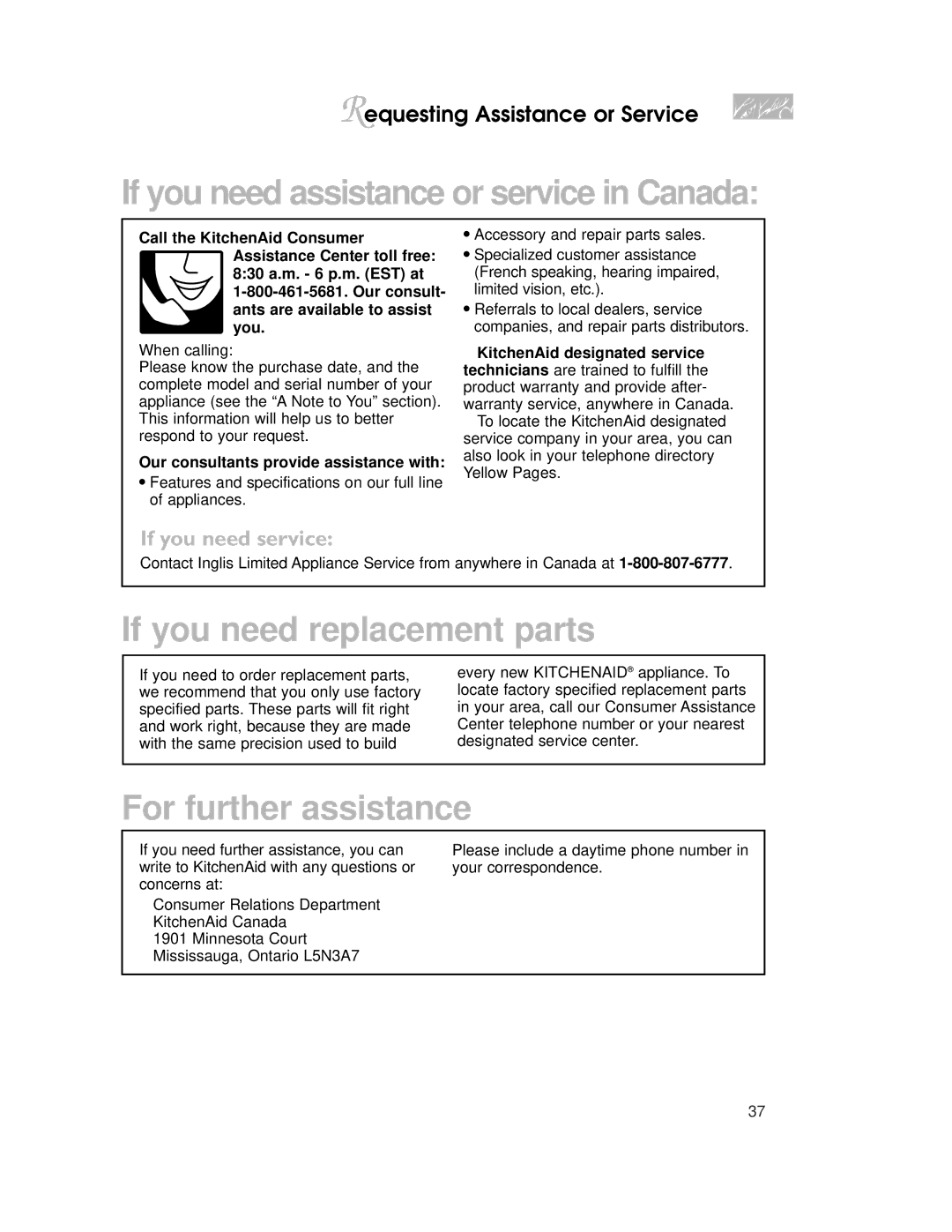 KitchenAid KEMS377, KEMS308, KEMS378, KEMS307, KEMC308, KEMC378, 4452300B warranty If you need assistance or service in Canada 