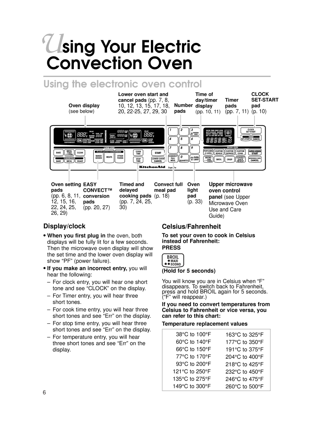 KitchenAid 4452300B, KEMS308 Using Your Electric Convection Oven, Using the electronic oven control, Display/clock, Press 