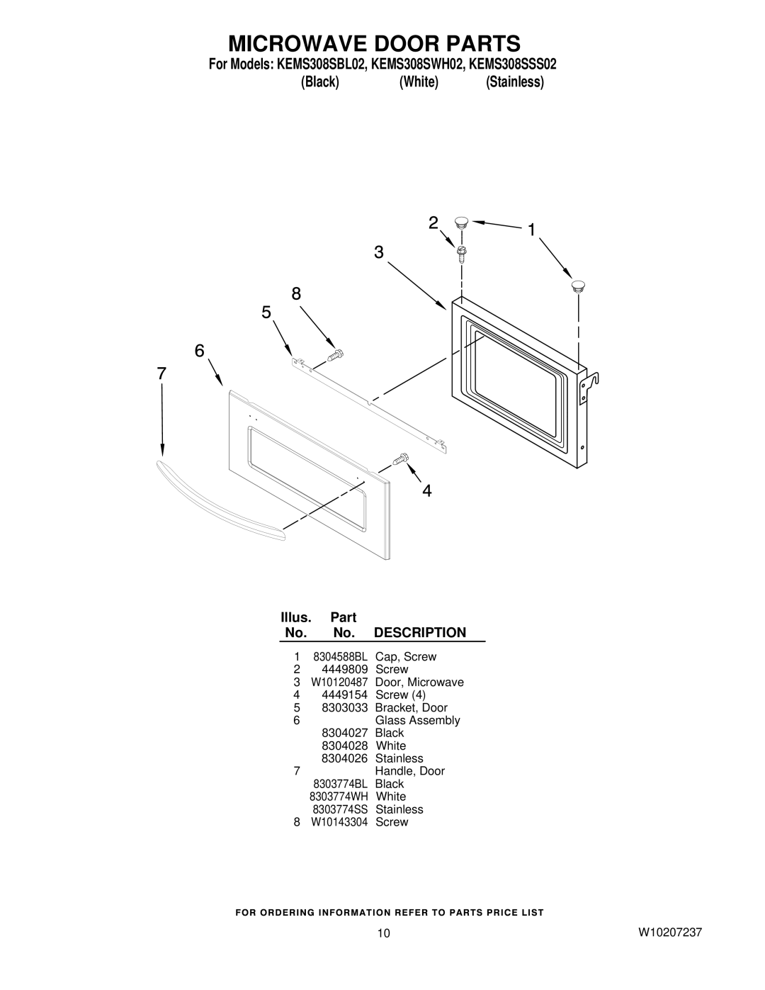 KitchenAid KEMS308SWH02, KEMS308SSS02, KEMS308SBL02 manual Microwave Door Parts 