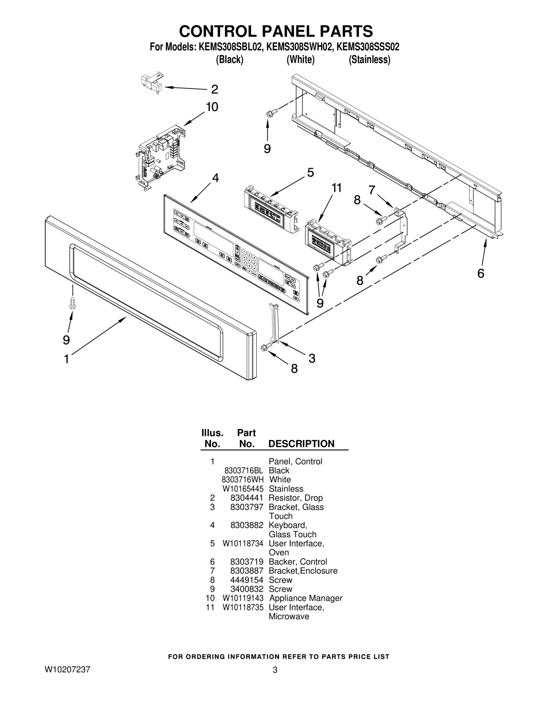 KitchenAid KEMS308SSS02, KEMS308SWH02, KEMS308SBL02 manual Control Panel Parts 