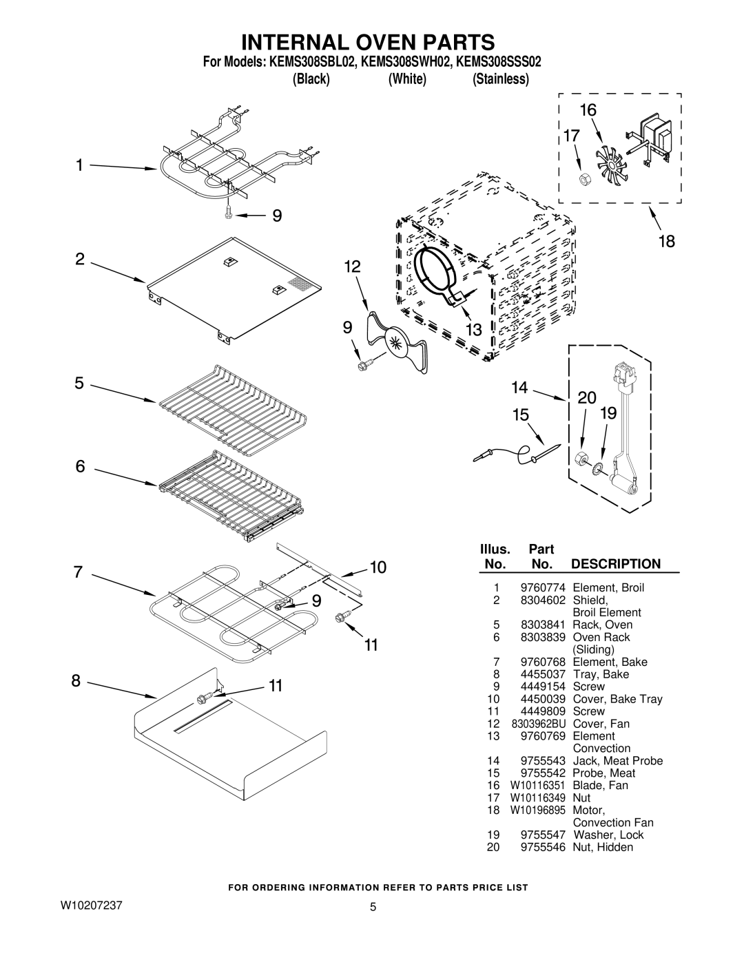 KitchenAid KEMS308SBL02, KEMS308SSS02, KEMS308SWH02 manual Internal Oven Parts, Description 