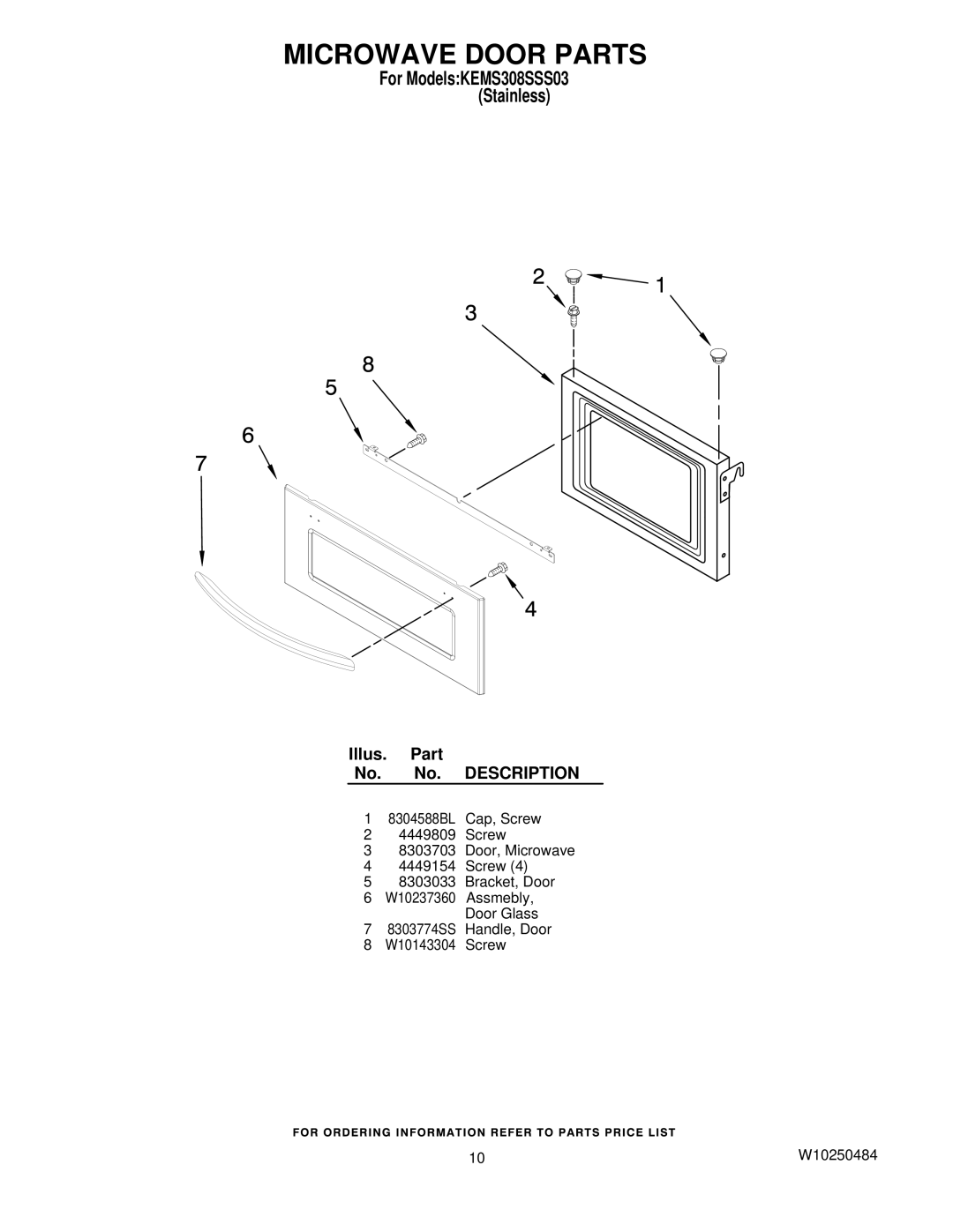 KitchenAid KEMS308SSS03 manual Microwave Door Parts 