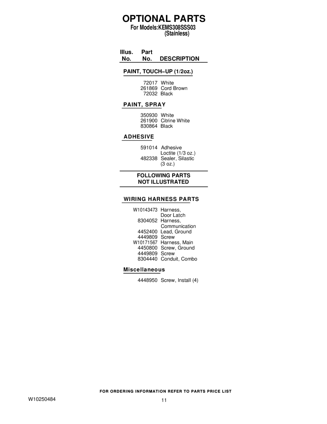 KitchenAid KEMS308SSS03 manual Optional Parts, Following Parts Not Illustrated Wiring Harness Parts 