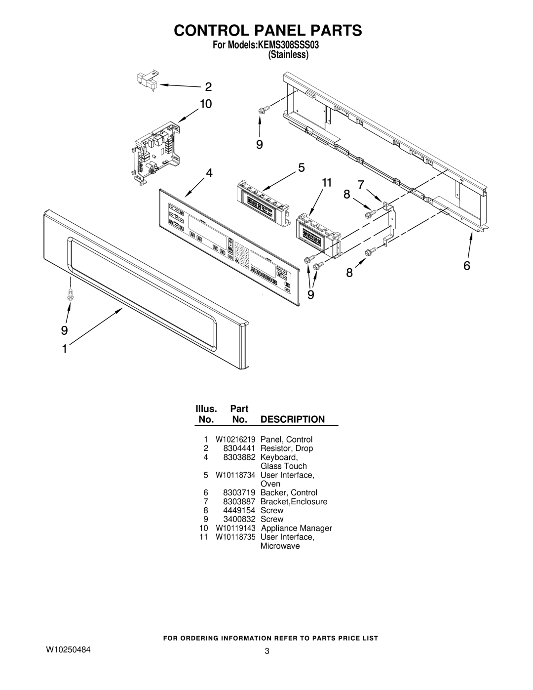 KitchenAid KEMS308SSS03 manual Control Panel Parts 