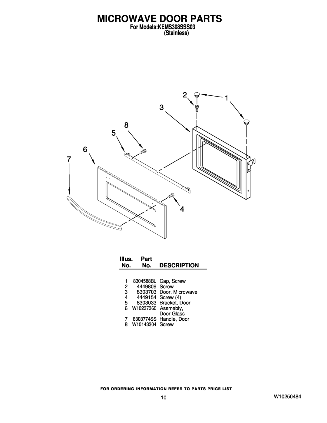 KitchenAid manual Microwave Door Parts, Illus. Part No. No. DESCRIPTION, For ModelsKEMS308SSS03 Stainless, W10250484 