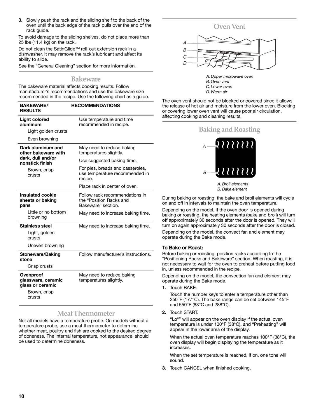 KitchenAid KEMS309, KEMS379 manual Bakeware, MeatThermometer, OvenVent, BakingandRoasting, To Bake or Roast 