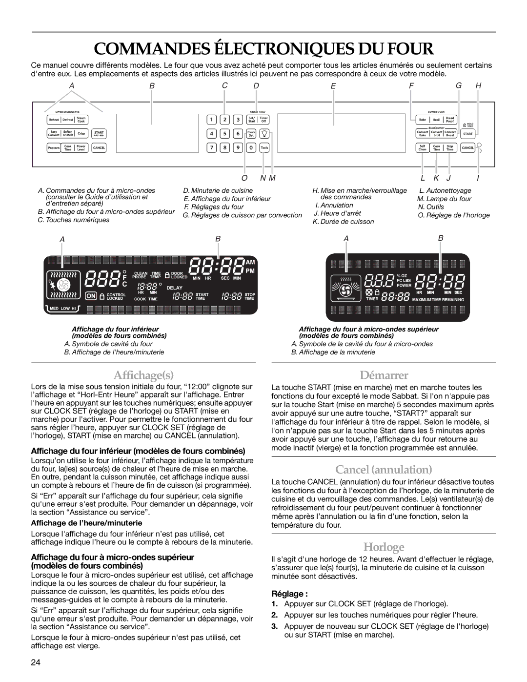 KitchenAid KEMS309, KEMS379 manual Commandes Électroniques DU Four, Affichages, Démarrer, Cancelannulation, Horloge 