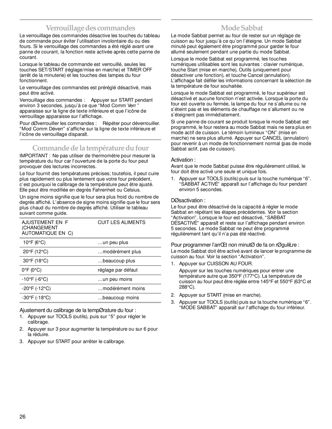 KitchenAid KEMS309, KEMS379 manual Verrouillage descommandes, Commandedelatempératuredu four, ModeSabbat 