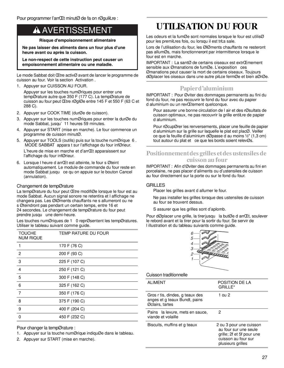 KitchenAid KEMS379 manual Utilisation DU Four, Papierd’aluminium, Positionnementdesgrillesetdesustensilesde Cuisson au four 