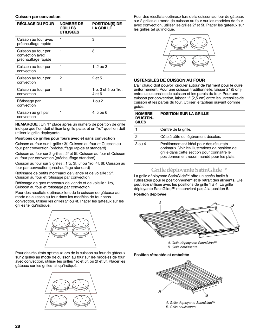 KitchenAid KEMS309, KEMS379 manual Grilledéployante SatinGlide, Cuisson par convection, Ustensiles DE Cuisson AU Four 