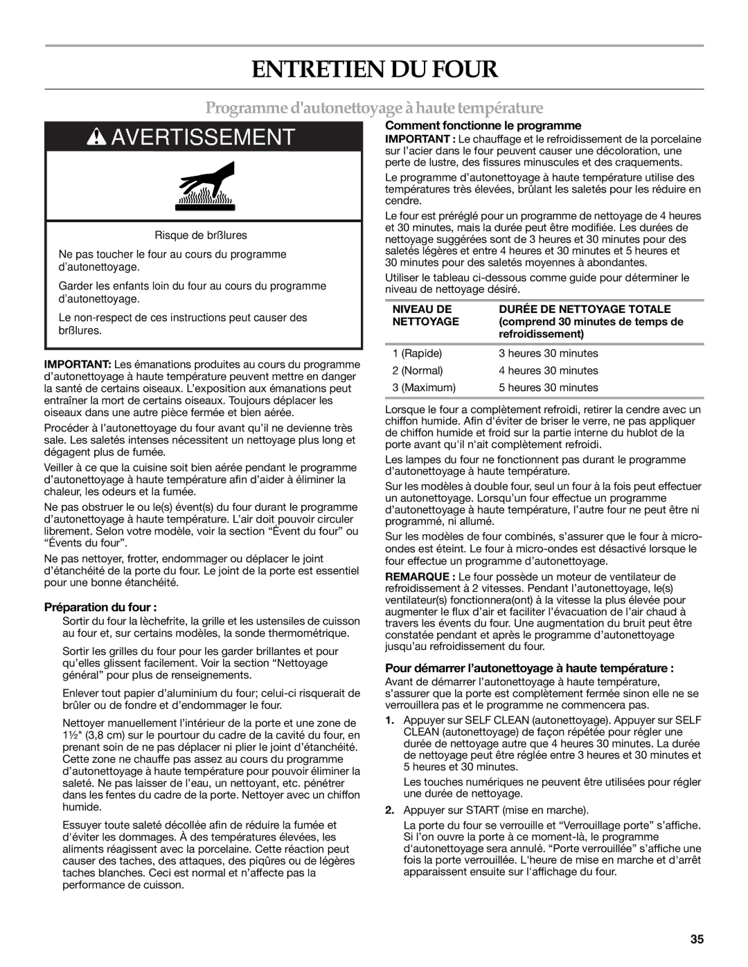 KitchenAid KEMS379, KEMS309 manual Entretien DU Four, Programmedautonettoyageàhautetempérature, Préparation du four 