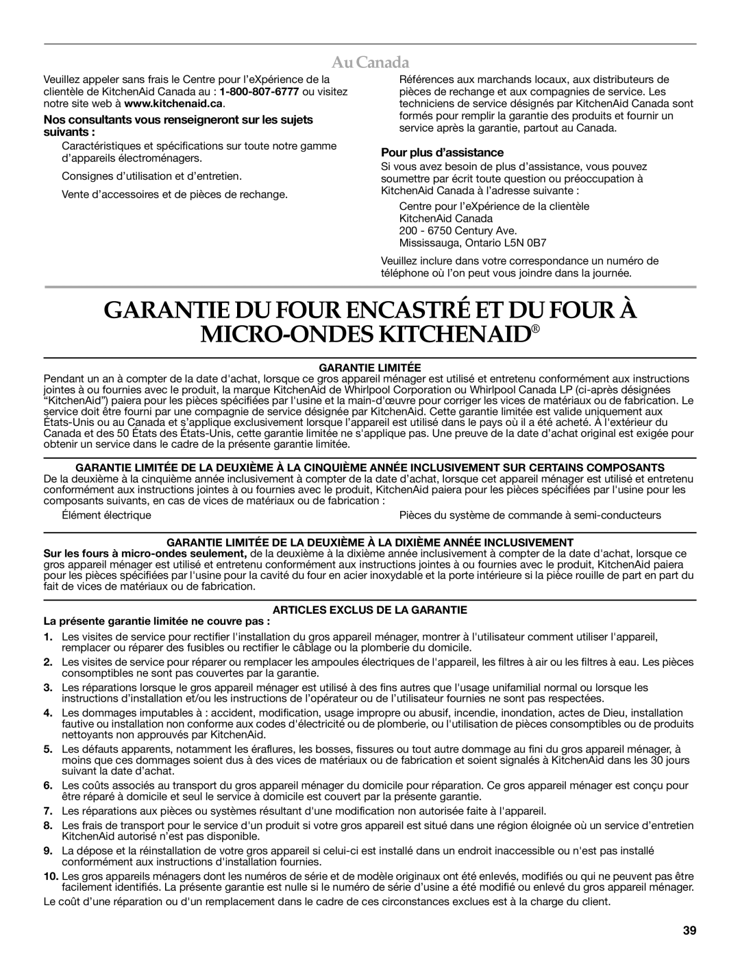 KitchenAid KEMS379, KEMS309 AuCanada, Nos consultants vous renseigneront sur les sujets suivants, Pour plus d’assistance 