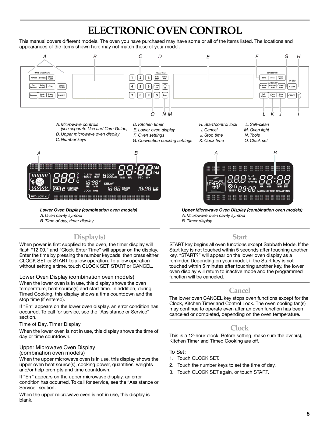 KitchenAid KEMS379, KEMS309 manual Electronic Oven Control, Displays, Start, Cancel, Clock 