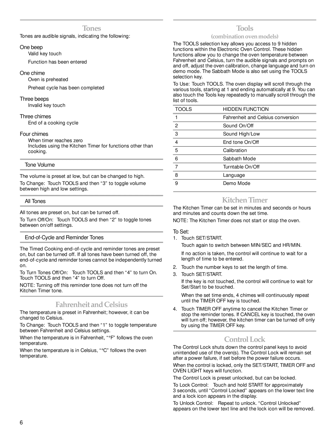 KitchenAid KEMS309, KEMS379 manual Tones, Fahrenheit and Celsius, Tools, Kitchen Timer, ControlLock 