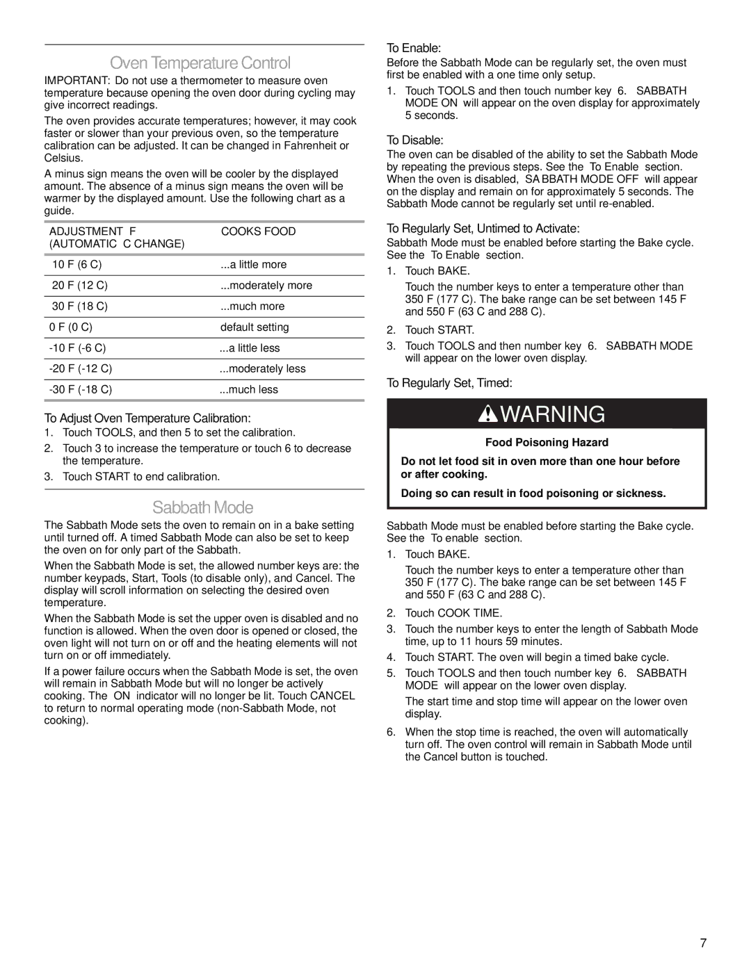 KitchenAid KEMS379, KEMS309 manual Oven TemperatureControl, SabbathMode 