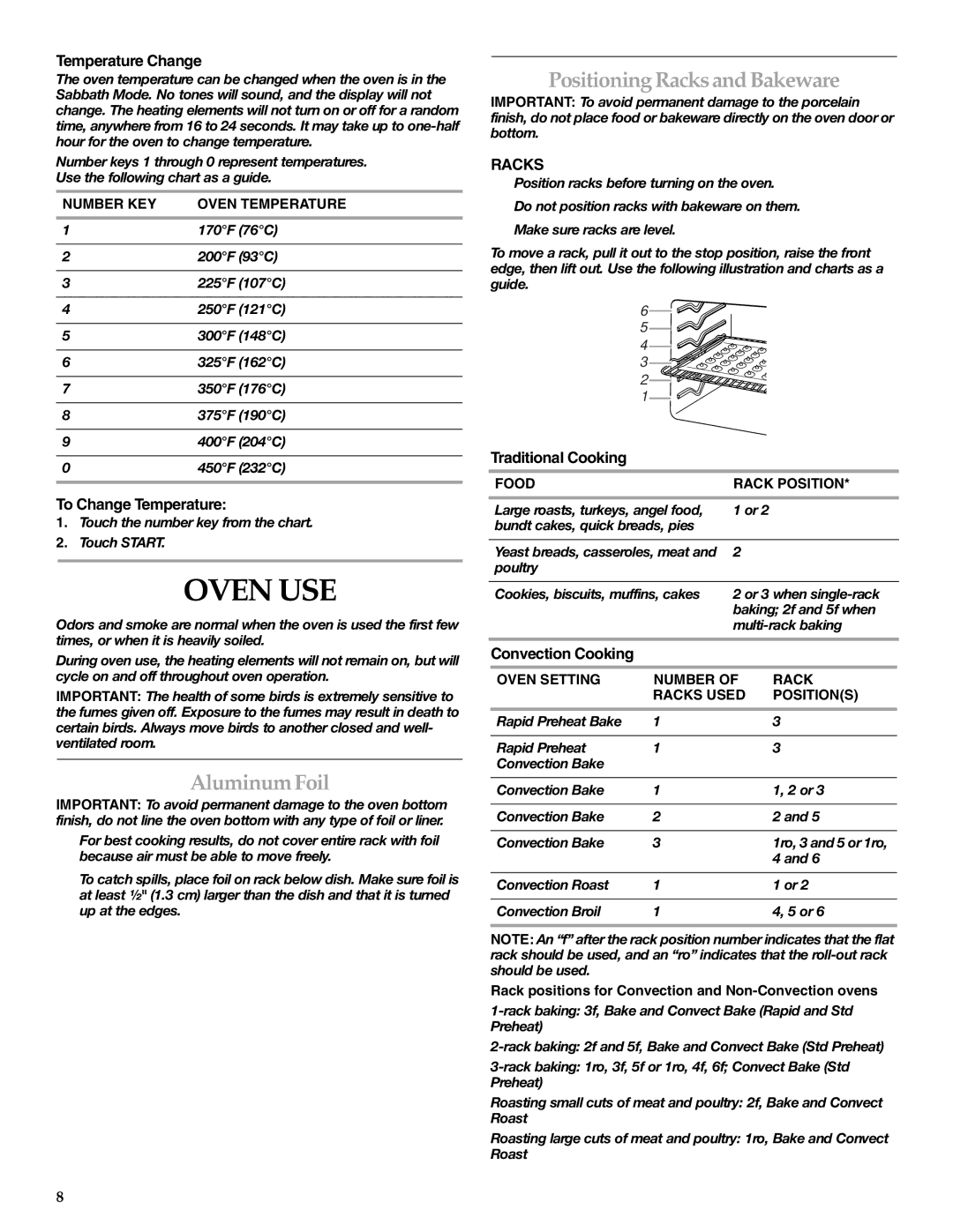 KitchenAid KEMS309, KEMS379 manual Oven USE, AluminumFoil, Positioning Racks and Bakeware 