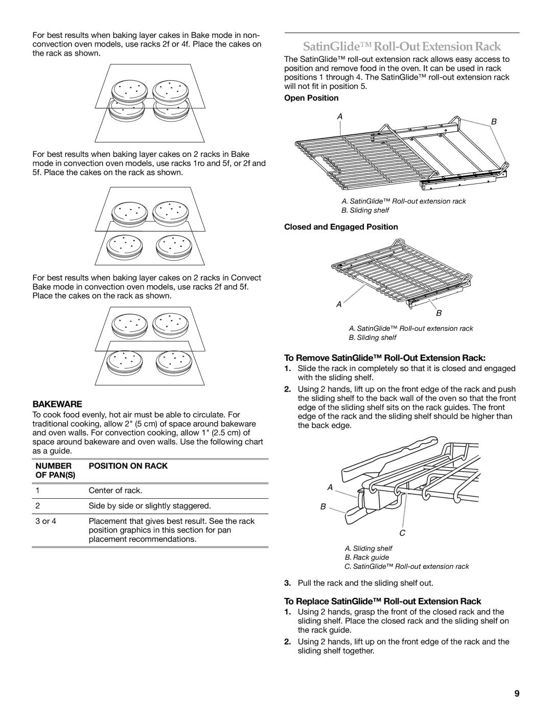 KitchenAid KEMS379, KEMS309 manual Bakeware, To Remove SatinGlide Roll-Out Extension Rack, Number Position on Rack Pans 