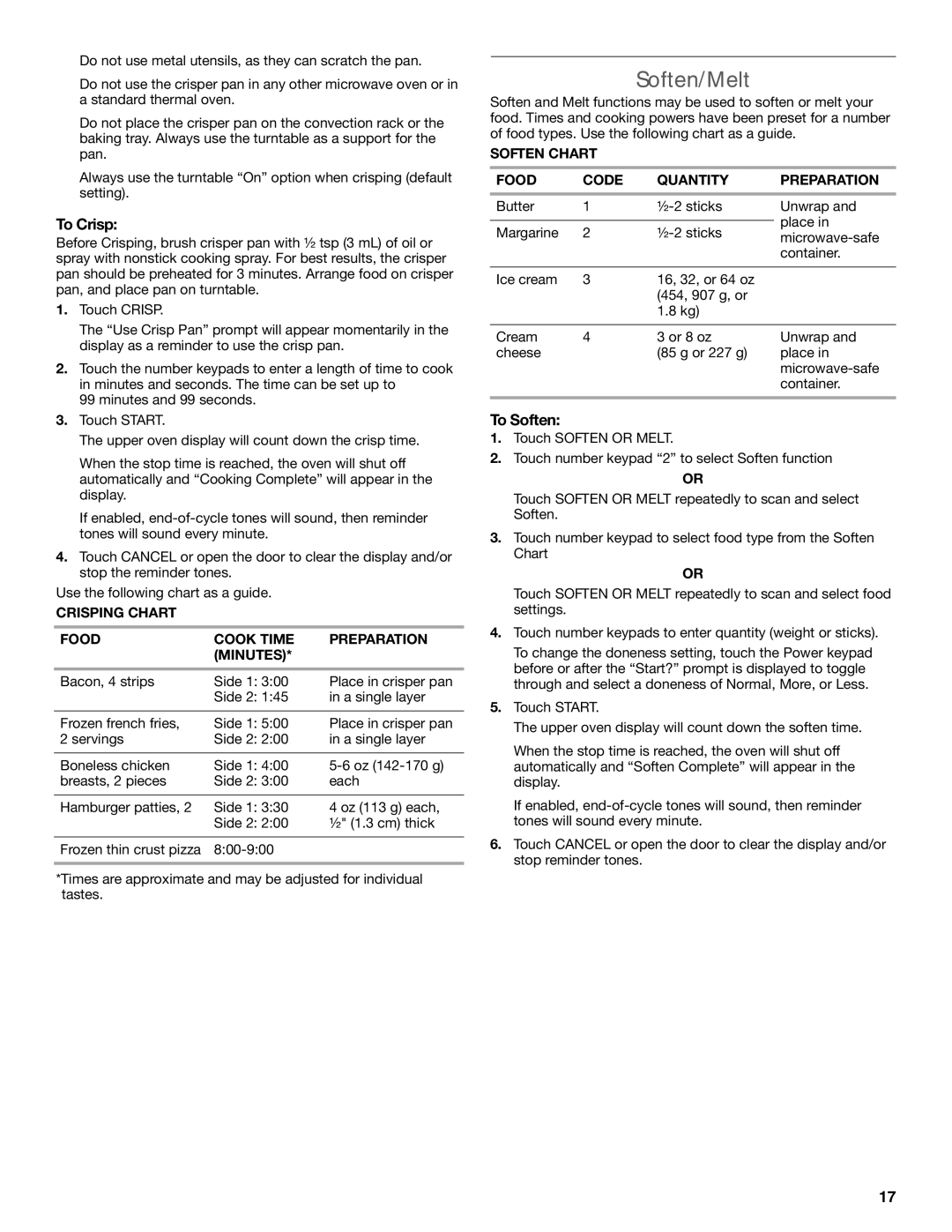 KitchenAid KBHS179B, KEMS309B, KEMS379B Soften/Melt, To Crisp, To Soften, Crisping Chart Food Cook Time Preparation Minutes 