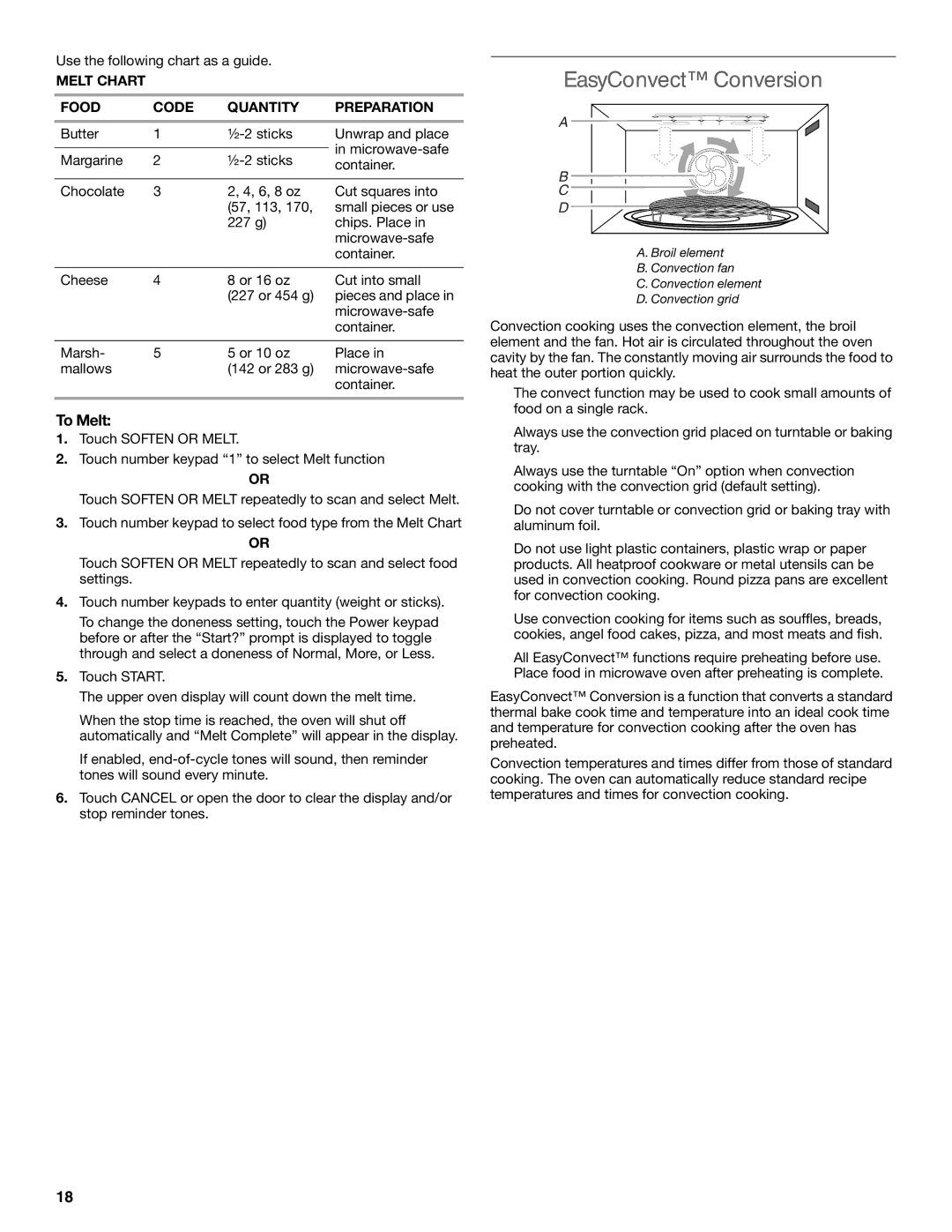 KitchenAid KBHS109B, KEMS309B, KEMS379B, KBHS179B EasyConvect Conversion, To Melt, Melt Chart Food Code Quantity Preparation 