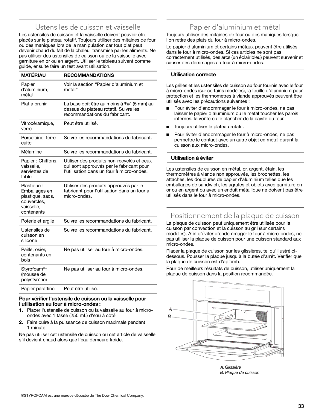 KitchenAid KBHS109B Ustensiles de cuisson et vaisselle, Papier daluminium et métal, Positionnement de la plaque de cuisson 