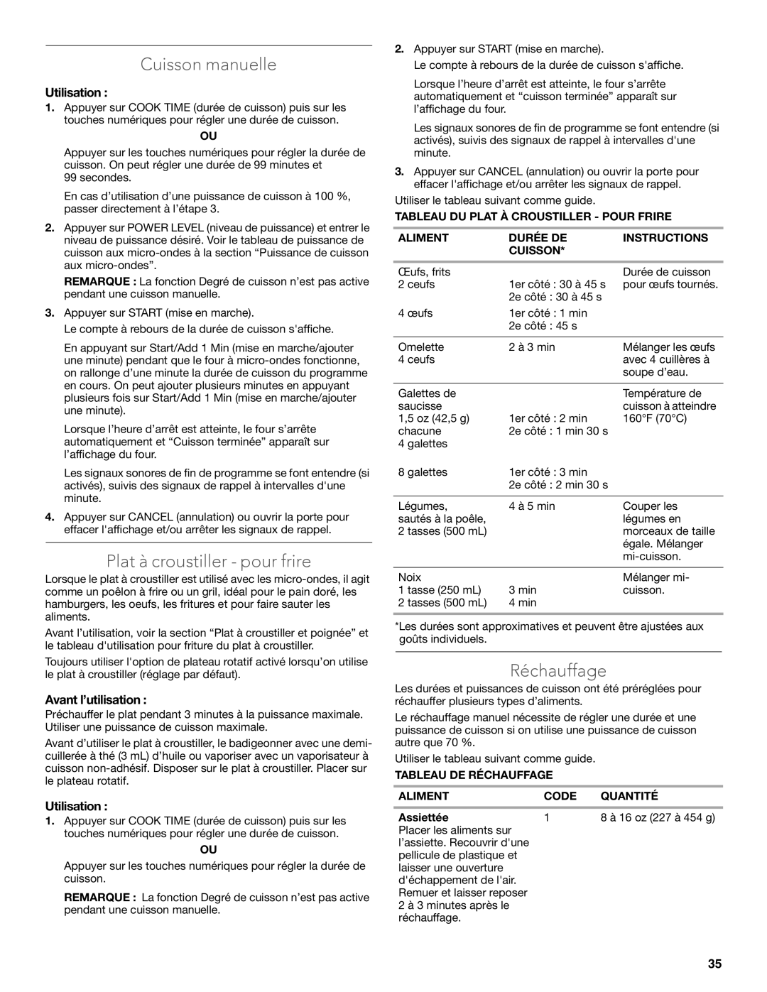 KitchenAid KEMS309B manual Cuisson manuelle, Plat à croustiller pour frire, Réchauffage, Utilisation, Avant l’utilisation 