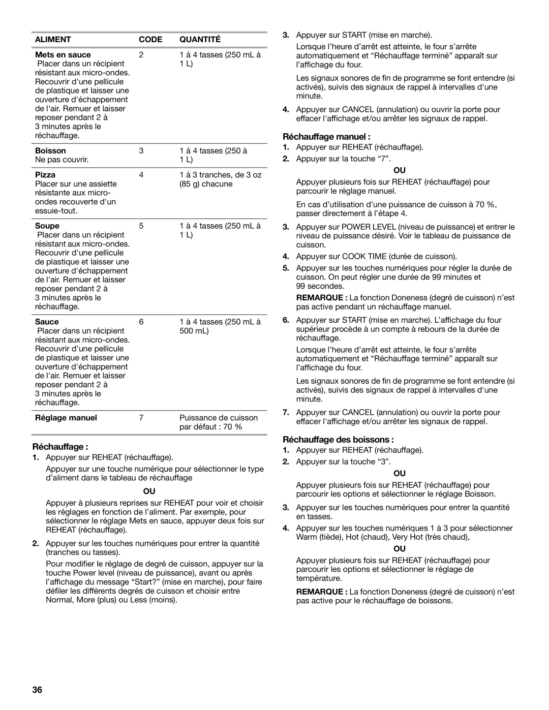 KitchenAid KEMS379B, KEMS309B, KBHS179B, KBHS109B Réchauffage manuel, Réchauffage des boissons, Aliment Code Quantité 