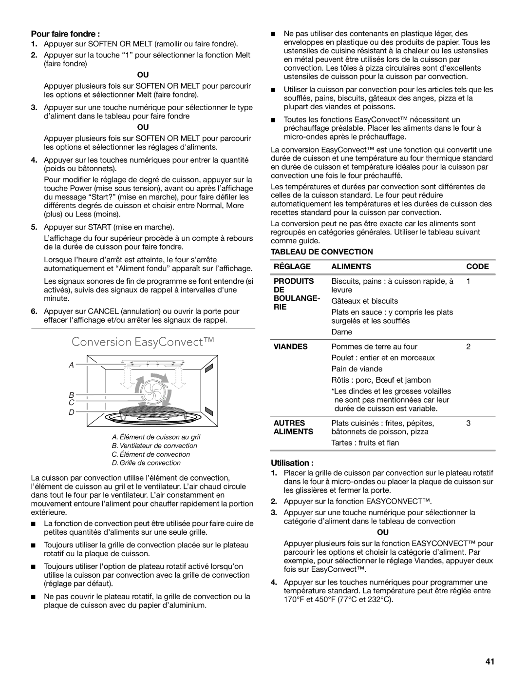 KitchenAid KEMS379B, KEMS309B, KBHS179B, KBHS109B, W10354195B manual Conversion EasyConvect, Pour faire fondre 