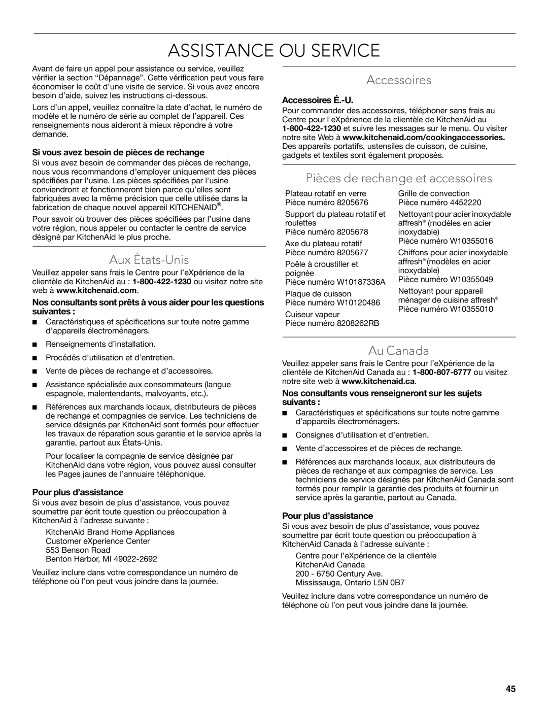 KitchenAid KEMS309B manual Assistance OU Service, Accessoires, Pièces de rechange et accessoires, Aux États-Unis, Au Canada 