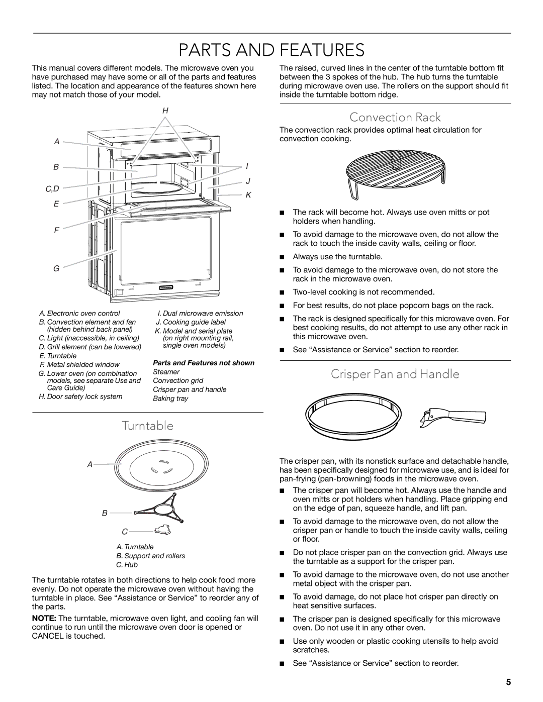 KitchenAid KEMS309B, KEMS379B, KBHS179B, KBHS109B manual Parts and Features, Convection Rack, Crisper Pan and Handle Turntable 