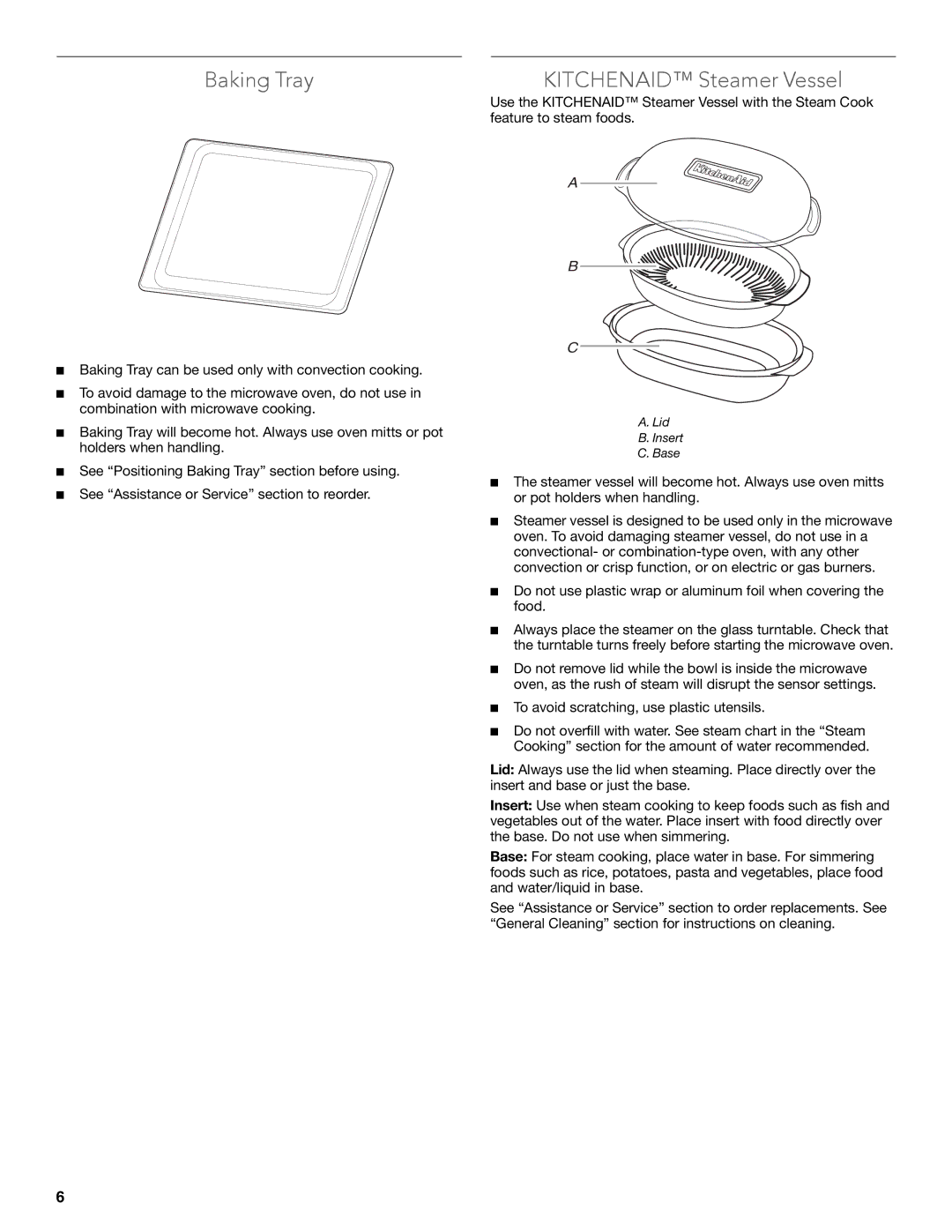 KitchenAid KEMS379B, KEMS309B, KBHS179B, KBHS109B, W10354195B manual Baking Tray, Kitchenaid Steamer Vessel 