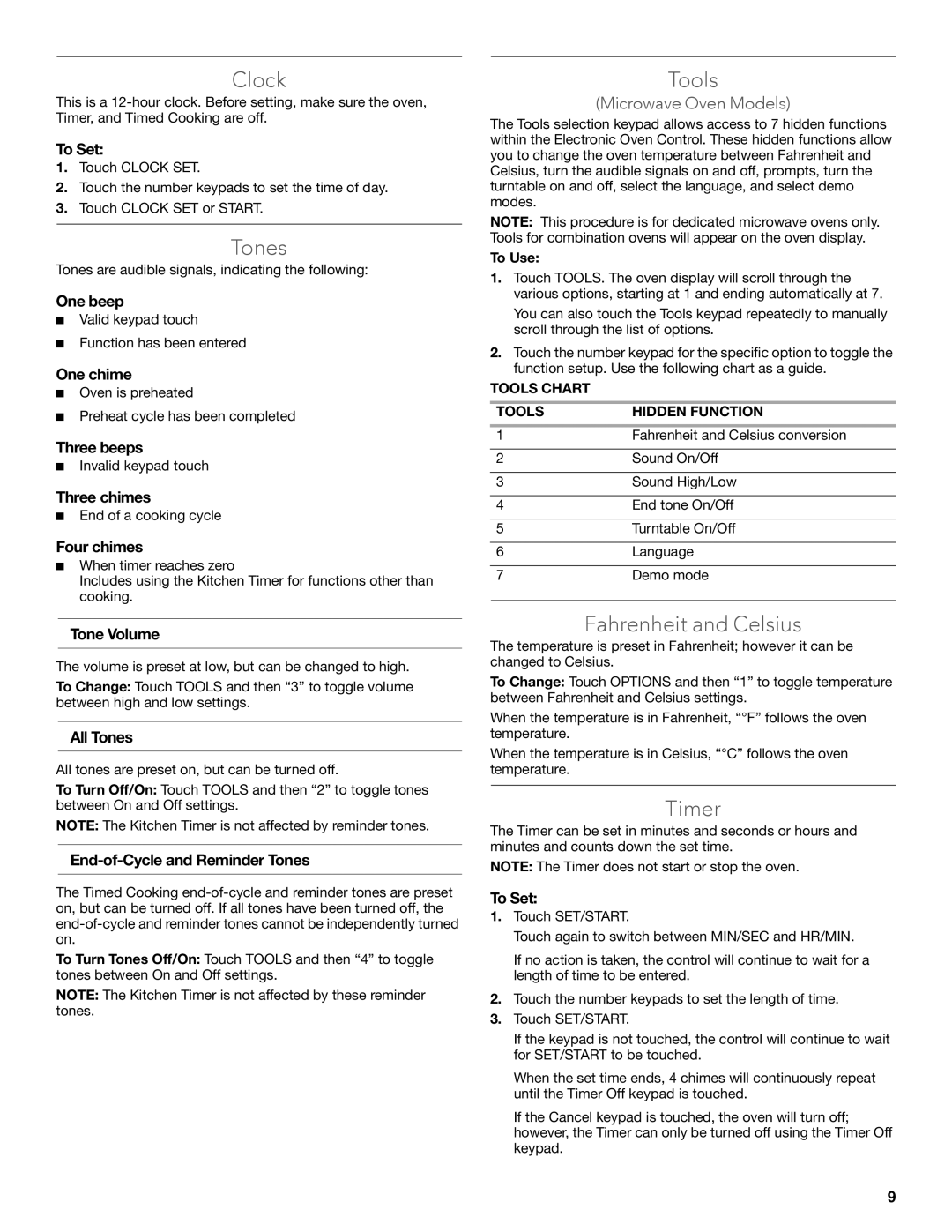 KitchenAid W10354195B, KEMS309B, KEMS379B, KBHS179B, KBHS109B manual Clock, Tones, Tools, Fahrenheit and Celsius, Timer 