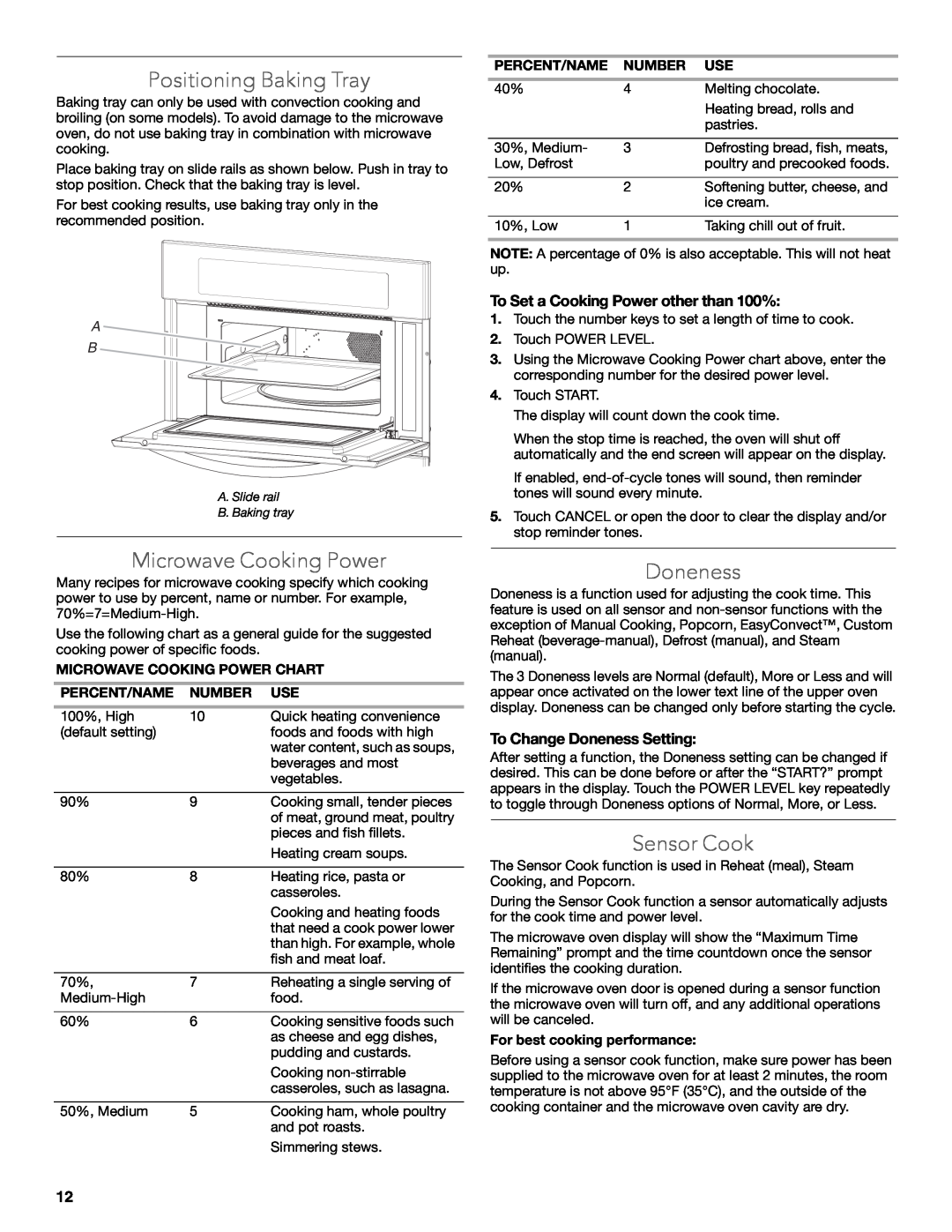 KitchenAid KBHS179B manual Positioning Baking Tray, Microwave Cooking Power, Sensor Cook, To Change Doneness Setting 