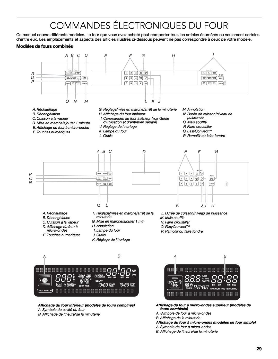 KitchenAid W10354195B Commandes Électroniques Du Four, Modèles de fours combinés, K J I H, A B C D Ef Ghi R Q P, O N M 