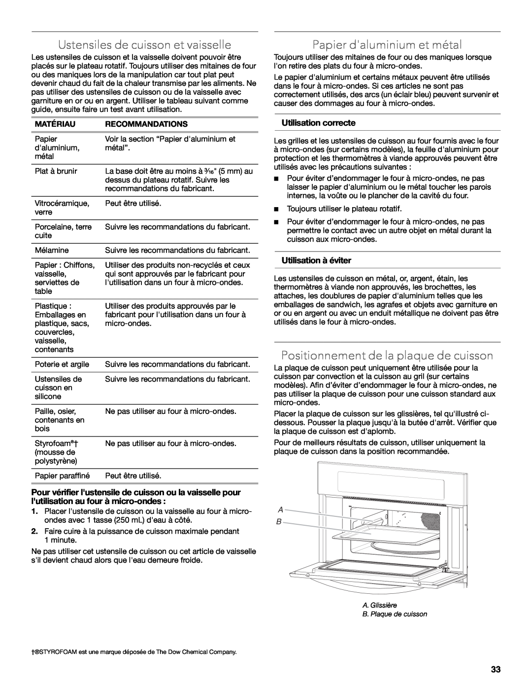 KitchenAid KBHS109B Ustensiles de cuisson et vaisselle, Papier daluminium et métal, Positionnement de la plaque de cuisson 