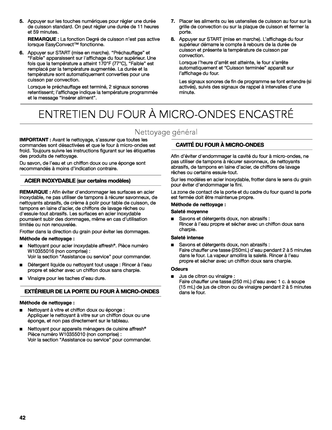 KitchenAid KBHS179B Entretien Du Four À Micro-Ondes Encastré, Nettoyage général, ACIER INOXYDABLE sur certains modèles 