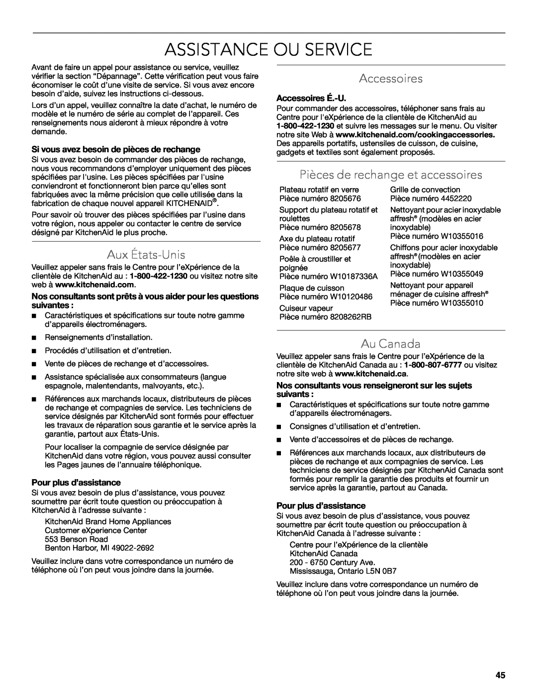KitchenAid KEMS309B manual Assistance Ou Service, Accessoires, Pièces de rechange et accessoires, Aux États-Unis, Au Canada 
