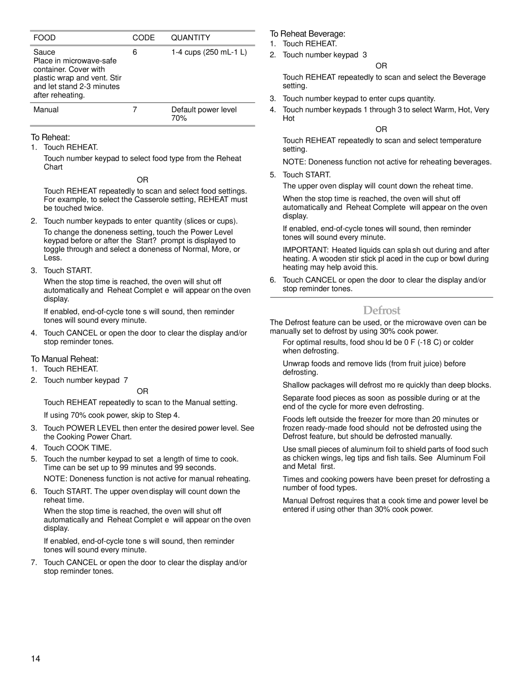 KitchenAid KBHS179B, KEMS309B, KEMS379B, KBHS109B manual Defrost, To Manual Reheat, To Reheat Beverage, Food Code Quantity 