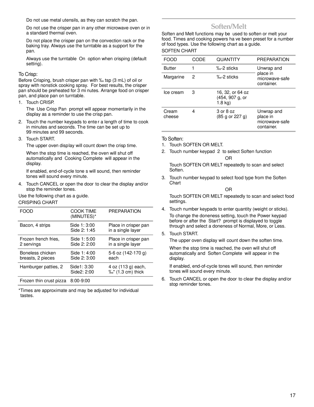 KitchenAid KEMS379B, KEMS309B, KBHS179B Soften/Melt, To Crisp, To Soften, Crisping Chart Food Cook Time Preparation Minutes 