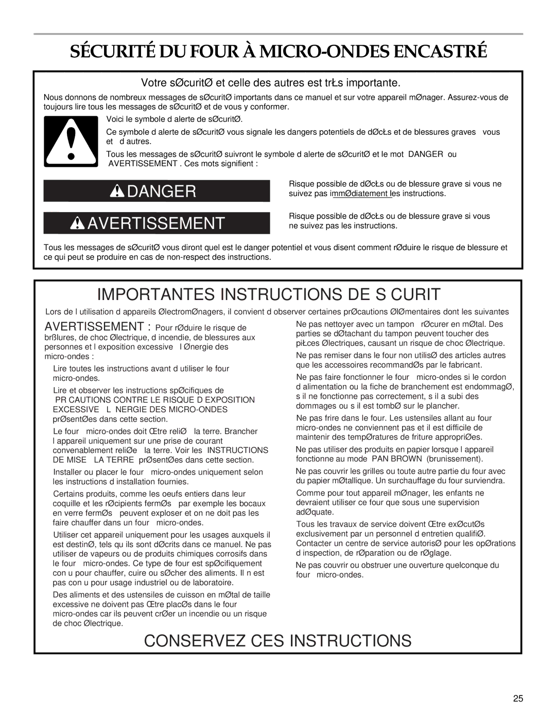 KitchenAid KEMS379B manual Sécurité DU Four À MICRO-ONDES Encastré, Votre sécurité et celle des autres est très importante 