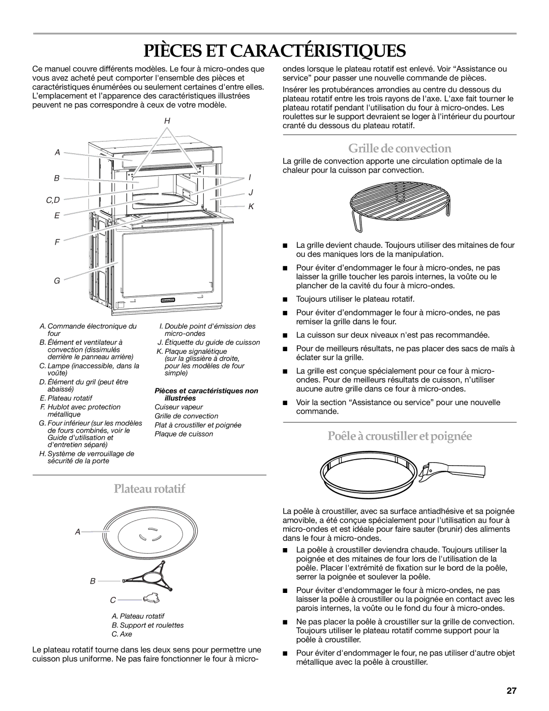 KitchenAid KBHS109B manual Pièces ET Caractéristiques, Grille de convection, Poêle à croustiller et poignée Plateau rotatif 