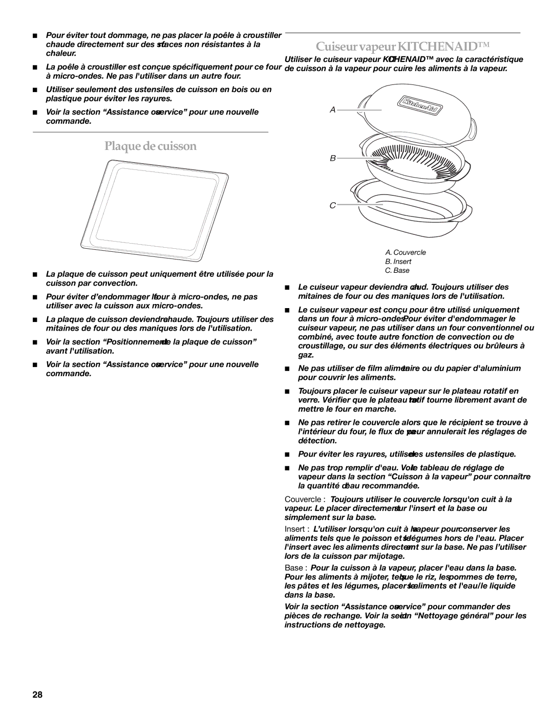 KitchenAid KEMS309B, KEMS379B, KBHS179B, KBHS109B manual Plaque de cuisson Cuiseur vapeur Kitchenaid, Couvercle Insert Base 