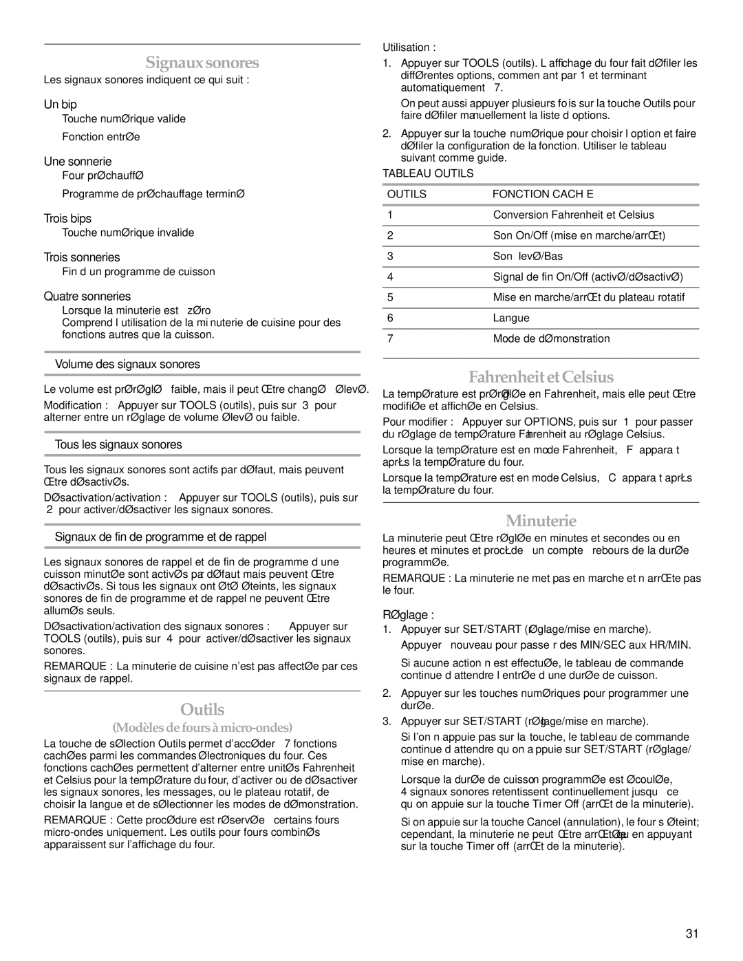 KitchenAid KBHS109B, KEMS309B, KEMS379B, KBHS179B manual Signaux sonores, Outils, Fahrenheit et Celsius, Minuterie 