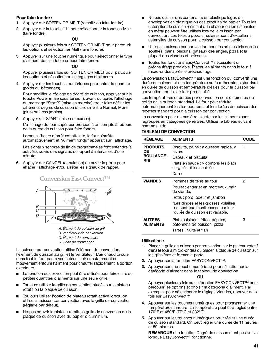 KitchenAid KEMS379B, KEMS309B, KBHS179B, KBHS109B manual Conversion EasyConvect, Pour faire fondre 