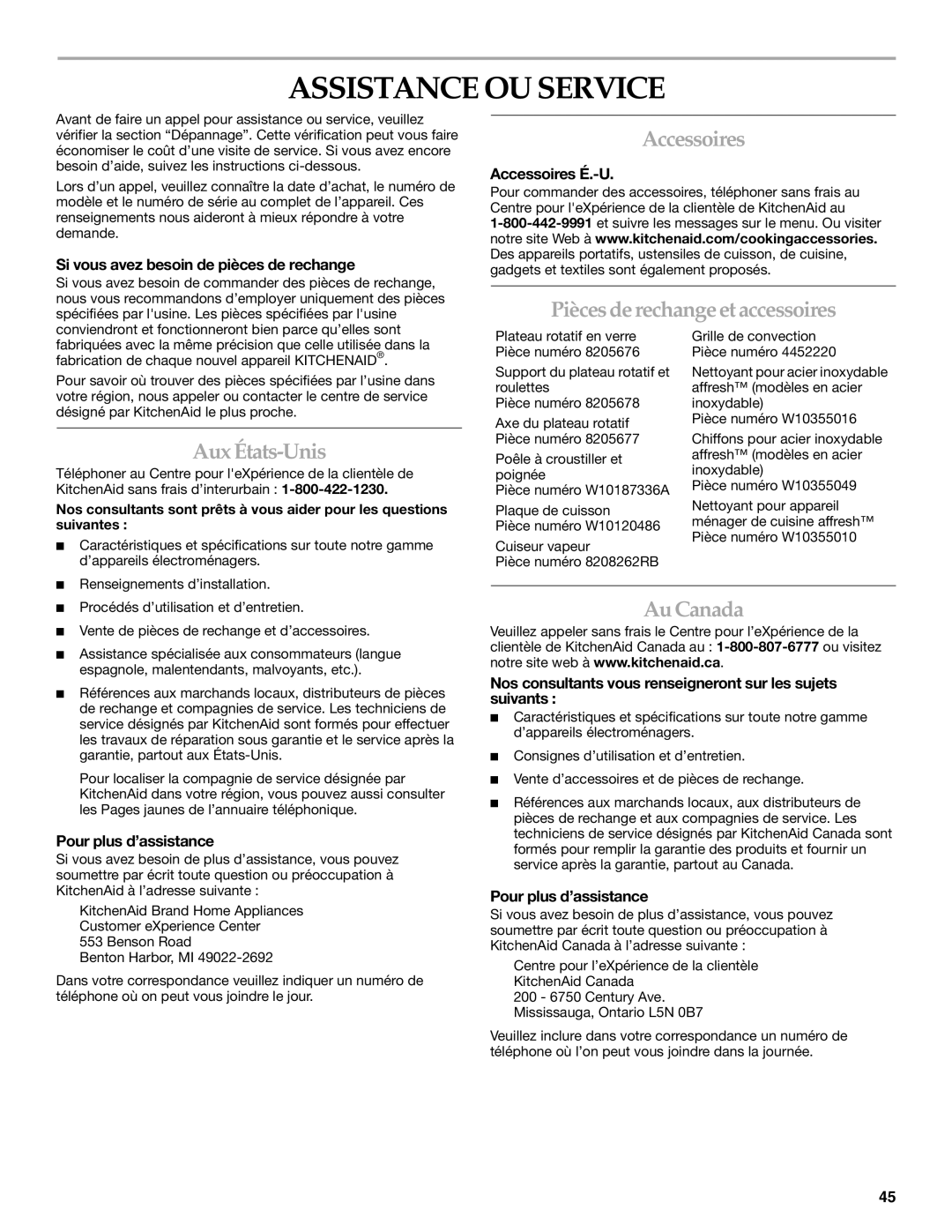 KitchenAid KEMS379B manual Assistance OU Service, Accessoires, Pièces de rechange et accessoires, Aux États-Unis, Au Canada 