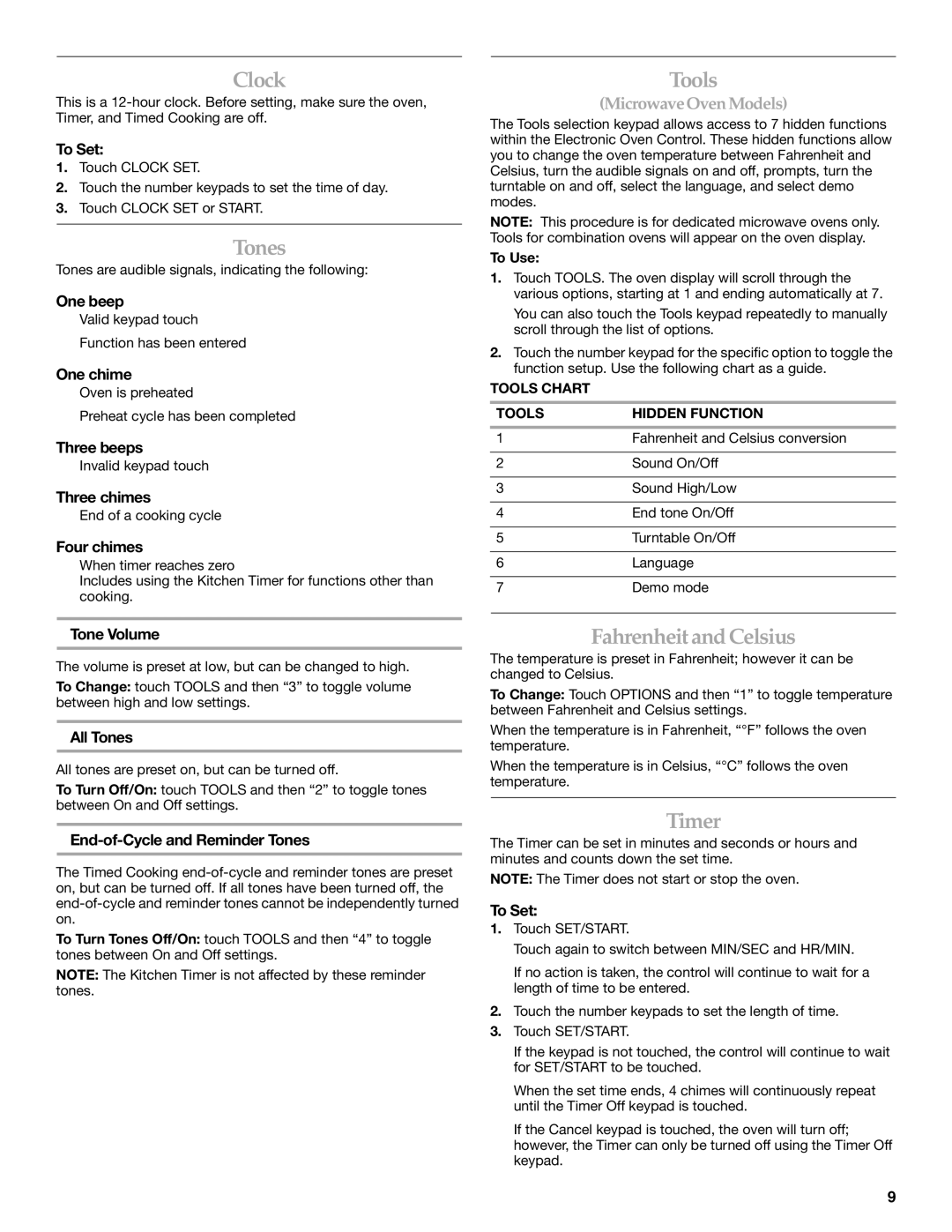 KitchenAid KEMS379B, KEMS309B, KBHS179B, KBHS109B manual Clock, Tones, Tools, Fahrenheit and Celsius, Timer 