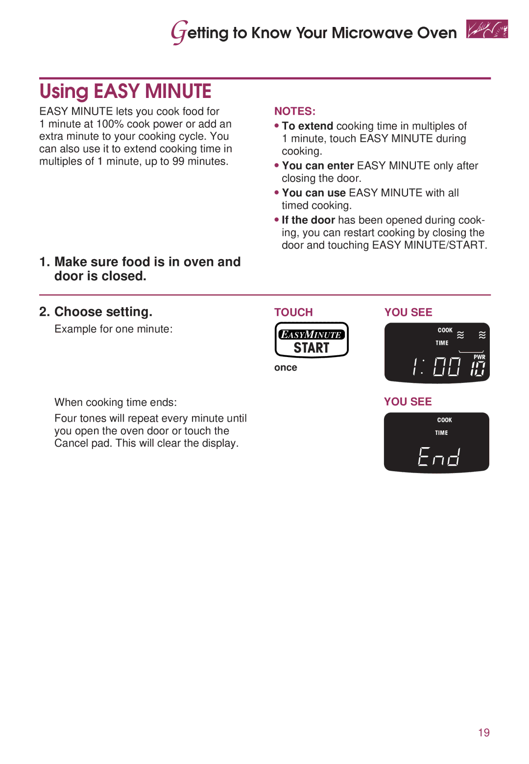 KitchenAid KEMS307D, KEMS377D warranty Using Easy Minute, Make sure food is in oven and door is closed Choose setting 