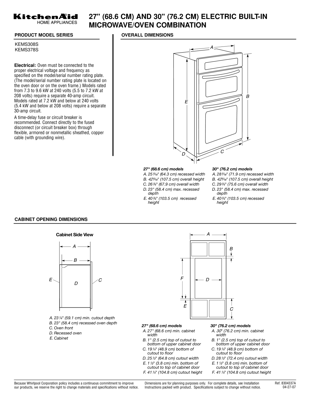 KitchenAid KEMS308S dimensions MICROWAVE/OVEN Combination, Product Model Series, Overall Dimensions, Cabinet Side View 