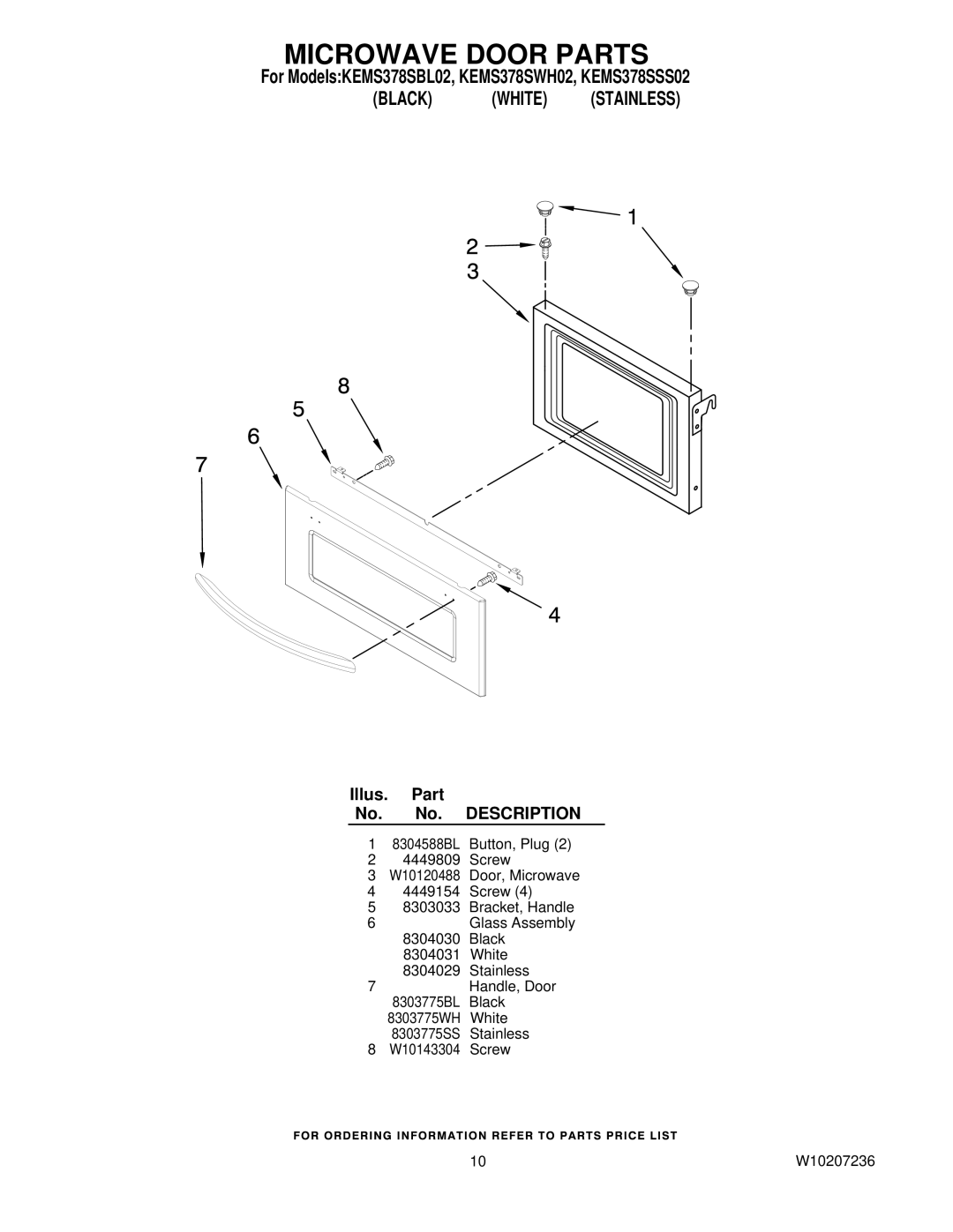 KitchenAid KEMS378SWH02, KEMS378SBL02, KEMS378SSS02 manual Microwave Door Parts 